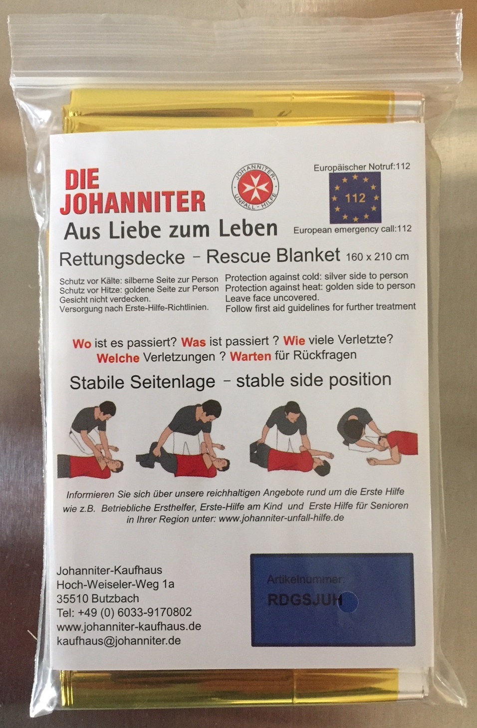 Rettungsdecke JUH 160x210 cm einzeln